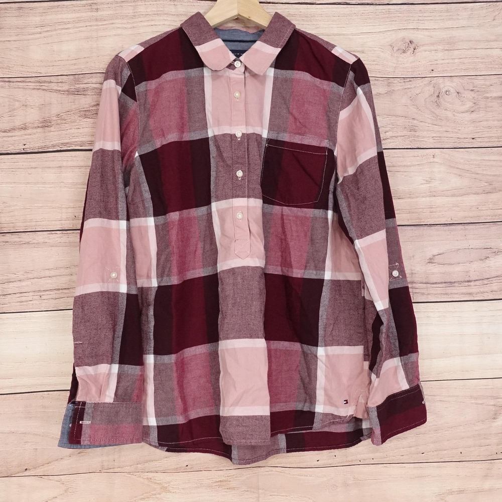 Tommy Hilfiger Button-Up Womens L Multicolor Plaid Flannel Long Sleeve Shirt